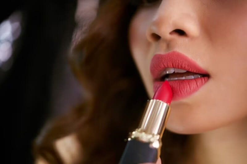 woman lipsticks touching plump red lips